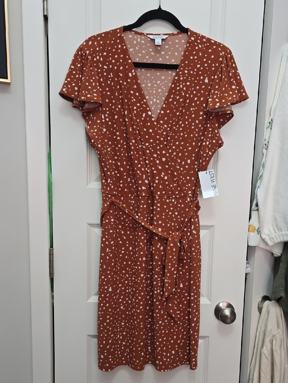 Nine West Rust Brown Polka Dot Wrap Dress